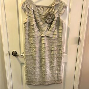 Elegant taupe Sleeveless Dress with Floral Accent Size 14